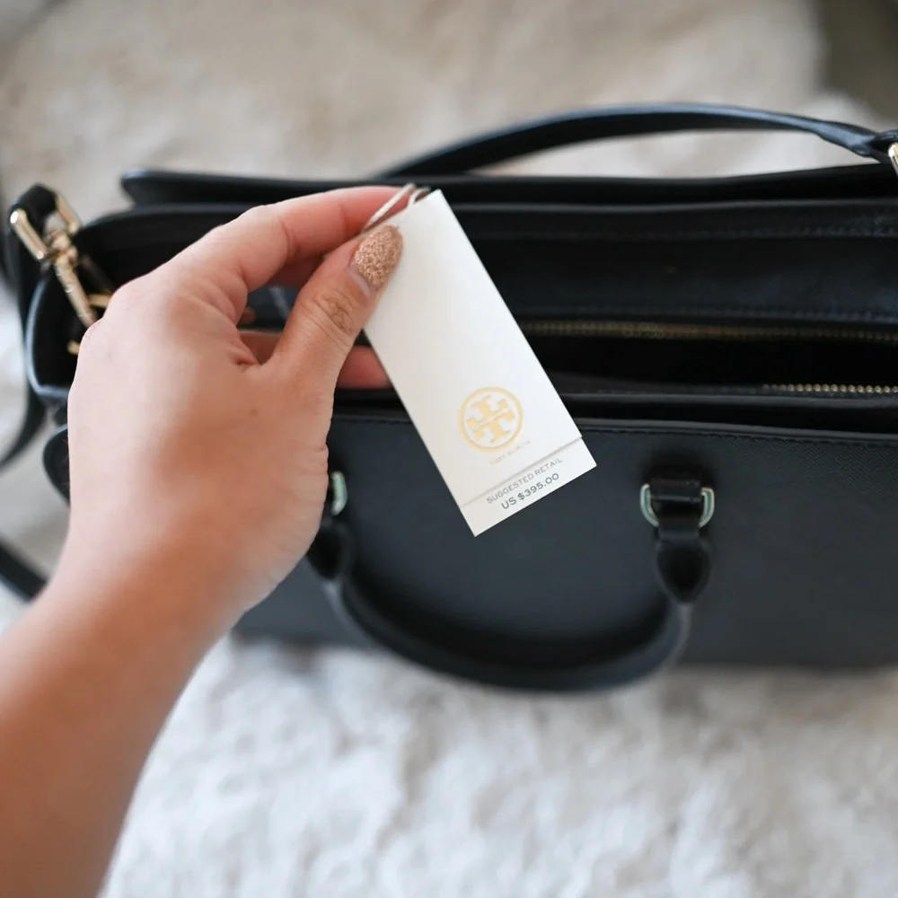 Tory Burch Black Saffiano Leather Satchel with Gold Logo